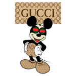 Imagem de personagem inspirado no Mickey Mouse, usando óculos com as cores da Gucci, posando de forma descontraída, com um fundo que destaca o logotipo da Gucci.