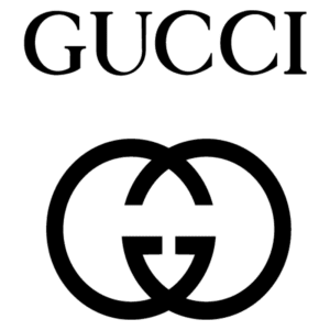 Logotipo da Gucci, apresentando o nome da marca em letras maiúsculas e icônica combinação de letras G entrelaçadas, representando o símbolo de luxo e moda.