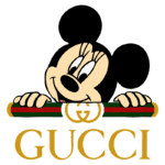 Imagem do mascote Mickey Mouse segurando a barra da logomarca Gucci, com foco no estilo fashion e na cultura pop. Ideal para produtos de moda, colaborações de marcas ou conteúdo sobre tendências de lifestyle.