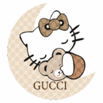 Ilustração de Hello Kitty e um ursinho em um fundo com padrão da marca Gucci, com o logotipo da Gucci destacado na parte inferior.