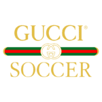 Logotipo da Gucci com a palavra "SOCCER" em destaque, apresentando as cores verde e vermelho características da marca.