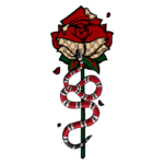 Ilustração de uma rosa vermelha com detalhes em padrão de logo, envolvendo uma cobra listrada em vermelho e preto. A imagem combina elementos de natureza e design moderno, ideal para arte de tatuagem ou decoração.
