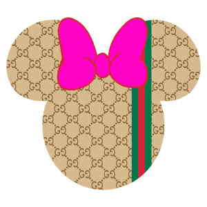 Imagem estilizada com a silhueta da cabeça de Minnie Mouse, decorada com o padrão da marca Gucci, apresentando um laço rosa vibrante e listras verticais nas cores verde e vermelho. Ideal para fãs de moda e cultura pop.