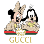 Minnie e Pateta em trajes iguais da Gucci, com o logotipo da marca abaixo, retratando uma colaboração entre Disney e Gucci em estilo divertido e elegante.