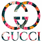 Logotipo da marca Gucci com design floral colorido, apresentando flores em tons de rosa, laranja e verde, em um fundo branco.