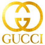 Logo da Gucci em dourado sobre fundo verde, representando a marca de luxo italiana conhecida por sua moda e acessórios sofisticados.