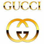 Logotipo da marca de luxo Gucci, apresentando o nome "GUCCI" em destaque na parte superior e o icônico símbolo duplo "GG" embaixo, ambos em estilo dourado.