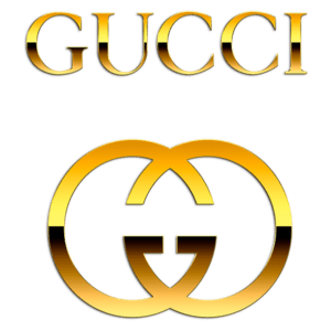 Logotipo da marca de luxo Gucci, apresentando o nome "GUCCI" em destaque na parte superior e o icônico símbolo duplo "GG" embaixo, ambos em estilo dourado.
