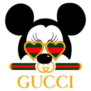 Ilustração de um rosto de urso estilizado com orelhas de rato, usando óculos em forma de coração nas cores da marca Gucci, com o logotipo da Gucci em destaque abaixo. Ideal para moda e design.