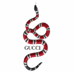 Imagem de uma cobra estilizada em vermelho e preto com detalhes brancos, acompanhada do logotipo da Gucci. Design icônico refletindo a abordagem ousada da marca de moda italiana.