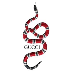 Imagem de uma cobra estilizada em vermelho e preto com detalhes brancos, acompanhada do logotipo da Gucci. Design icônico refletindo a abordagem ousada da marca de moda italiana.