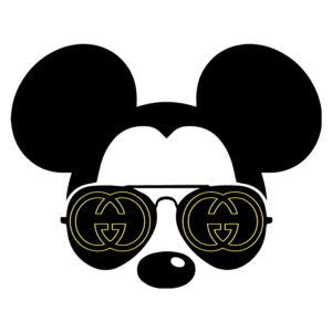 Ilustração de um personagem icônico com orelhas de rato, usando óculos escuros com o logotipo da Gucci em destaque, simbolizando a fusão entre cultura pop e moda de luxo.