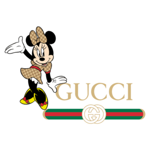 Minnie Mouse vestida com padrão da Gucci ao lado do logotipo da marca, destacando um estilo luxuoso e divertido.