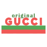 Logotipo da Gucci com as palavras "original" em cima e as letras "GUCCI" em destaque, seguido por uma faixa verde e vermelha na parte inferior. Ideal para representações de moda e marcas de luxo.