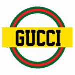 Imagem do logotipo da Gucci, apresentando o nome "GUCCI" em destaque preto sobre um fundo amarelo, cercado por um design circular com elementos brancos, vermelhos e verdes que evocam a estética da marca. Ideal para representar moda de luxo e estilo contemporâneo.