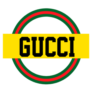 Imagem do logotipo da Gucci, apresentando o nome "GUCCI" em destaque preto sobre um fundo amarelo, cercado por um design circular com elementos brancos, vermelhos e verdes que evocam a estética da marca. Ideal para representar moda de luxo e estilo contemporâneo.