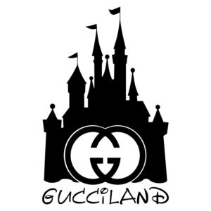 Logotipo da Gucci com um castelo estilizado, representando a marca "Gucciland". Contém as letras "GG" no centro, simbolizando a estética de luxo e fantasia ligada à marca.