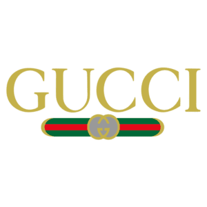 Logotipo da marca de moda Gucci, destacando o nome em letras douradas com um detalhe de faixa verde e vermelha e o icônico símbolo duplo G no centro.