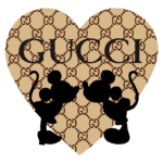 Ilustração de duas silhuetas de ratinhos em um fundo com padrão da marca Gucci, dentro de um coração, com a palavra "GUCCI" em destaque.