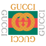 Logotipo da Gucci, apresentando o icônico desenho das letras GG em cor dourada, sobre um fundo com as tradicionais cores verde e vermelho, acompanhado pela palavra "GUCCI" repetida em diferentes orientações. Ideal para artigos sobre moda de luxo e branding.