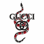 Logo da Gucci com uma cobra estilizada em vermelho e preto, destacando a marca de luxo e seu design icônico.