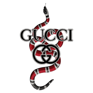 Logo da Gucci com uma cobra estilizada em vermelho e preto, destacando a marca de luxo e seu design icônico.