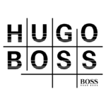 Logo da marca Hugo Boss, apresentando as palavras "HUGO" e "BOSS" em um design moderno e minimalista. A imagem destaca a identidade visual da marca, conhecida por sua elegância e estilo sofisticado.