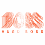 Logotipo estilizado da marca Hugo Boss, com a palavra "BOSS" destacada em letras 3D em tons de vermelho e branco, seguida pelo nome "HUGO BOSS" em letras maiúsculas.