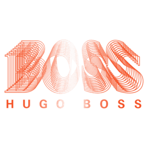 Logotipo estilizado da marca Hugo Boss, com a palavra "BOSS" destacada em letras 3D em tons de vermelho e branco, seguida pelo nome "HUGO BOSS" em letras maiúsculas.