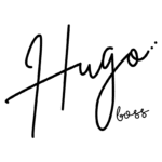 Logotipo da marca Hugo Boss, exibindo o nome "Hugo" em uma fonte cursiva elegante, ressaltando o estilo de moda premium da marca.