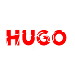 Logotipo da marca Hugo, com a palavra "HUGO" em letras vermelhas em um estilo moderno, destacando-se com um toque de caligrafia branca. Ideal para representar moda e estilo contemporâneo.