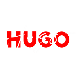 Logotipo da marca Hugo, com a palavra "HUGO" em letras vermelhas em um estilo moderno, destacando-se com um toque de caligrafia branca. Ideal para representar moda e estilo contemporâneo.