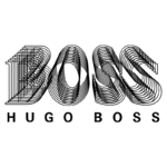 Logotipo da marca Hugo Boss, apresentando a palavra "BOSS" em um design gráfico estilizado e moderno, com linhas onduladas e a marca "HUGO BOSS" abaixo em letras maiúsculas.