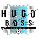 Logotipo da marca Hugo Boss, com design moderno e gráfico, apresentando as palavras "HUGO BOSS" em destaque, acompanhado de elementos de estilo urbano e texturas em azul e preto. Inclui a frase "NEW GENERATION".