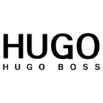 Logotipo da marca Hugo Boss, apresentando as palavras "HUGO" em destaque e "HUGO BOSS" em uma fonte menor, símbolo de estilo e elegância na moda.