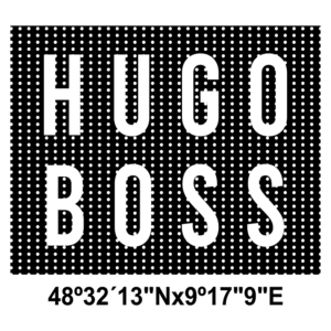Logotipo da marca Hugo Boss em fundo preto com coordenadas geográficas.