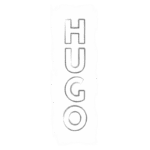 Logotipo da marca HUGO em letras maiúsculas, de cor cinza, centralizado verticalmente em um fundo branco, enfatizando a modernidade e estilo da marca.