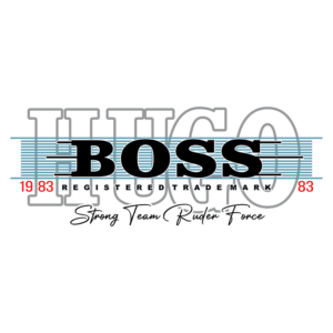 Logotipo da BOSS, uma marca registrada desde 1983, com a frase "Strong Team Rudder Force", em fundo verde.