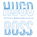 Texto em destaque da marca Hugo Boss, com coordenadas geográficas. Design moderno em azul e branco, refletindo a identidade visual da marca de moda e estilo.
