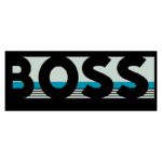 Logotipo da marca BOSS com letras em negrito, apresentando um fundo com gradiente de azul e linhas horizontais, representando modernidade e sofisticação.