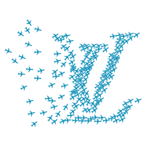 Logo estilizado da Louis Vuitton formado por aviões azuis em movimento, simbolizando viagens e luxo na aviação.