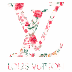 Logotipo da Louis Vuitton com padrão floral colorido, destacando as letras 'LV' em um fundo branco, simbolizando elegância e moda.