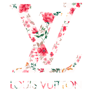 Logotipo da Louis Vuitton com padrão floral colorido, destacando as letras 'LV' em um fundo branco, simbolizando elegância e moda.