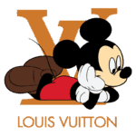 Imagem do icônico Mickey Mouse relaxando, com o logotipo da Louis Vuitton ao fundo, simbolizando a colaboração entre a marca de luxo e a cultura pop.