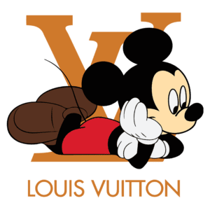 Imagem do icônico Mickey Mouse relaxando, com o logotipo da Louis Vuitton ao fundo, simbolizando a colaboração entre a marca de luxo e a cultura pop.