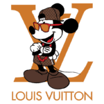 Mickey Mouse estilizado com roupas da Louis Vuitton, usando óculos de sol e um boné, posando com um sorriso frente ao monograma da marca.