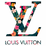 Logo da Louis Vuitton em estilo tropical, incorporando flores coloridas e folhas. Ideal para representar a marca de luxo em moda e acessórios.