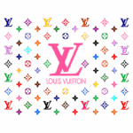 Logo da Louis Vuitton em destaque, cercado por diversos ícones coloridos da marca, incluindo o monograma LV, representando a elegância e o luxo da grife francesa.