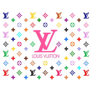Logo da Louis Vuitton em destaque, cercado por diversos ícones coloridos da marca, incluindo o monograma LV, representando a elegância e o luxo da grife francesa.