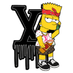 Bart Simpson estilizado com roupas da Louis Vuitton, segurando um celular e uma garrafa. A imagem apresenta o fundo com um símbolo "X" estilizado e um visual urbano. Ideal para fãs de cultura pop e moda.